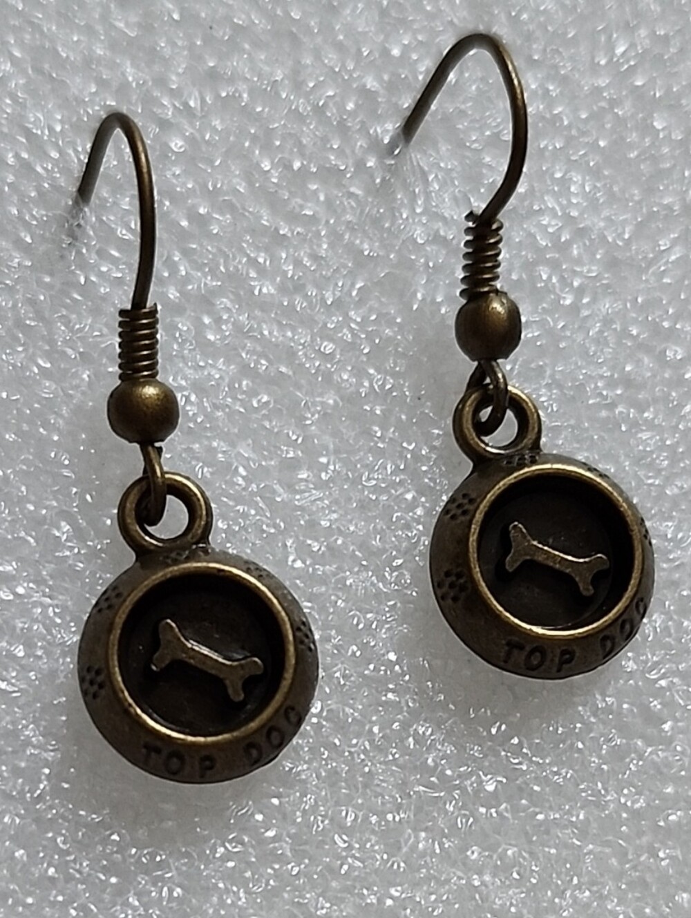 Hand Crafted Bronze Dog Bone In Dog Bowl Dangle Earrings